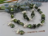 pnset148 Olive Green coin pearl &white biwa pearl neckalce earrings jewelry