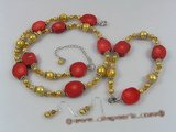 pnset157 Fashion champagne nugget pearl necklace jewelry set with coral beads