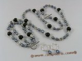 pnset159 Enticing bridal neckalce,bracelet&hoop earring with rice pearl and black agate