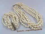pnset163 Five-strands white cultured pearl choke necklace bracelet jewelry set