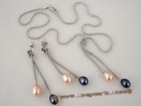 pnset166  Sterling Silver Lariat multi color Rice Pearl  Drop Pendant Earrings Set