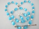 pnset203 cultured pearl and sky blue spiral opal necklace set on sale