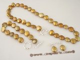 pnset222 wholesale 12-13mm freshwater coin pearl necklace &bracelet jewelry set in coffee