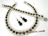 pnset224 Stylish hand knotted pearl & black crystal  choker necklace&bracelet jewelry set