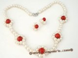 pnset227 Stylish hand knotted pearl & red coral necklace&earring set