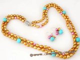 pnset281 Layered Necklace with Champagne and Pink Freshwater Pearls and Blue Turquoise