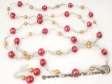pnset282 Handcrafted Long Sterling Silver Layered Necklace with Champagne and Red Freshwater Pearls