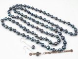 pnset300 Hand knotted Black potato pearl long necklace &earring jewelry set