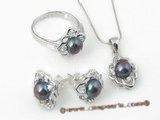 Pnset322 sterling silver 6-6.5mm black bread pearl jewelry set factory price wholesale