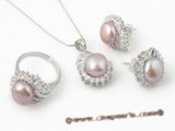 Pnset324 Wholesale 8-8.5mm purple bread pearl jewelry set in 925silver