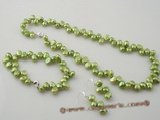 Pnset339 Elegant Side-drilled freshwater nugget pearl jewelry set in green color