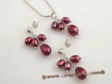 pnset370 Sterling silver Grape design wine red rice pearl pendant necklace set