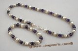 pnset388 Round amethyst and cultured potato Pearl Necklace& bracelet jewelry set