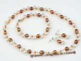 pnset400 Stylish coffee and white freshwater pearl bridal jewlery set with Austria crystal