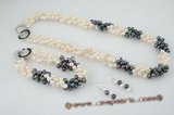 pnset409 Elegant triple twisted white and black freshwater side drilled pearl jewerly set