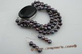 pnset412 Timeless triple strands Black pearl bracelet jewelry set