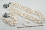 pnset416 9*11mm white baroque nugget pearl jewelry set in triple rows