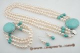 pnset418 Elegant triple strands freshwater pearl and turquoise spring necklace set