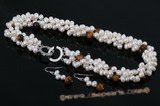 pnset463 Hot selling triple rows twisted pearl necklace with tiger's eye beads