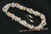 pnset465 Three twisted strands 6-7mm nugget pearl & stone twisted necklace
