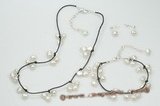 pnset545 White freshwater pearl  necklace set on black cord