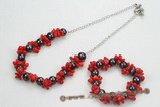 pnset549 Hand made 11-12mm potato pearl with red coral pearl jewelry set