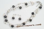 pnset557 Handcrafted White and Black Freshwater Pearl Sterling Silver Layer Necklace