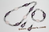 Pnset563 Smart Grey Rice Pearl and Gemstone Princess Necklace& Earrings