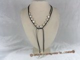 rpn030 Black Ribbon 12mm white coin pearl long necklace
