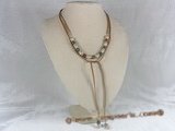 rpn037 Brown Ribbon  8-9mm pink potato pearl with india agate long necklace