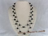 rpn042 48inch 8mm white shell pearl and black agate beads long necklace