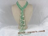 rpn087 Three strands green nugget pearl beaded long necklace with baroque pearl