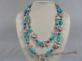 rpn111  purple biwa pearl with turquoise beads and coral long necklace--Summer Collection