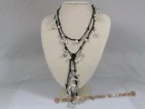 rpn112 Black leather 7-8mm potato pearl with crystal beads long necklace