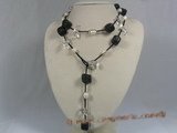 rpn118 Black leather cultured pearl with crystal beads long necklace