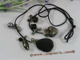 rpn139 Black long leather thong crystal necklace with freshwater pearl wholesale