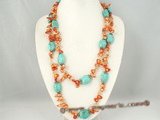 rpn200 hand knotted 7-8mm orange blister pearl and turquoise rope long necklace