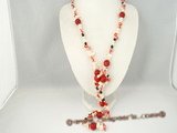 rpn201 hand knotted red and white blister pearl rope long necklace with red coral