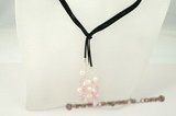 rpn222 Black faux suede rope necklace with Pink crystal and white potato pearl