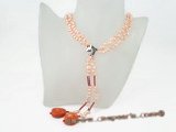 rpn236 hand knotted 5-6mm pink side-drilled pearl and coral opera necklace
