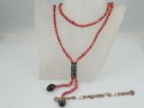 rpn262 Pretty 5-6mm wine red potato pearl Rope necklace with 2 Smokey Quartz Drops
