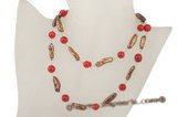 rpn291 Hand Wired Freshwater Biwa Pearl and Red Coral Opera Necklace