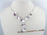 SN001 shell leaf beads necklace with purple crystal and 4-5mm pink pearl