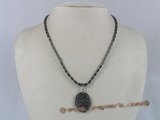 SN011 Black tungsten steel beads necklace with oval shell pendant