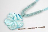 SN020 Carve Flower Shell Pendant on Blue Bead Necklace