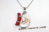 Sp151 Modern Red Coral & Shell Silver toned Pendant Necklace