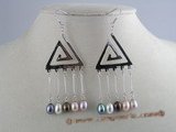 spe026 Sterling Silver Triangle Chandelier Earring with tear-drop pearl