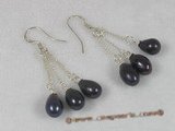 spe050 Black tear-drop cultured pearl sterling hook earrings