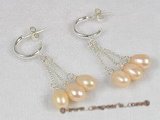 spe052 pink tear-drop cultured pearl sterling dangle hoop earrings
