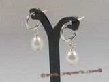 spe054 sterling 8-9mm white rain drop pearl dangle hoop earrings